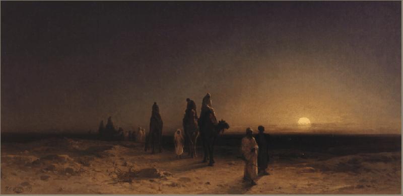 Karl Friedrich Christian Welsch Crossing the Desert at Sunset, oil painting picture